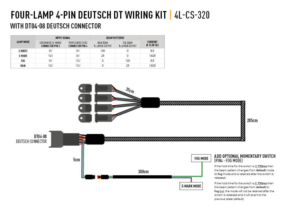 LAZER Four-Lamp Harness Kit With DT04-08 Connector (4-PIN, Deutsch DT, 12V) For Carbon-6