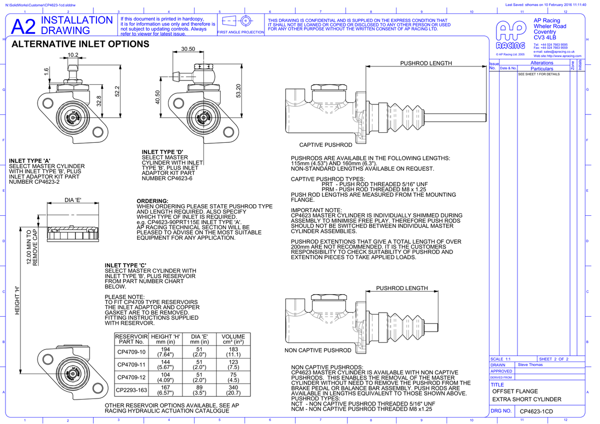 AP Racing CP4623 Master Cylinder technical drawing