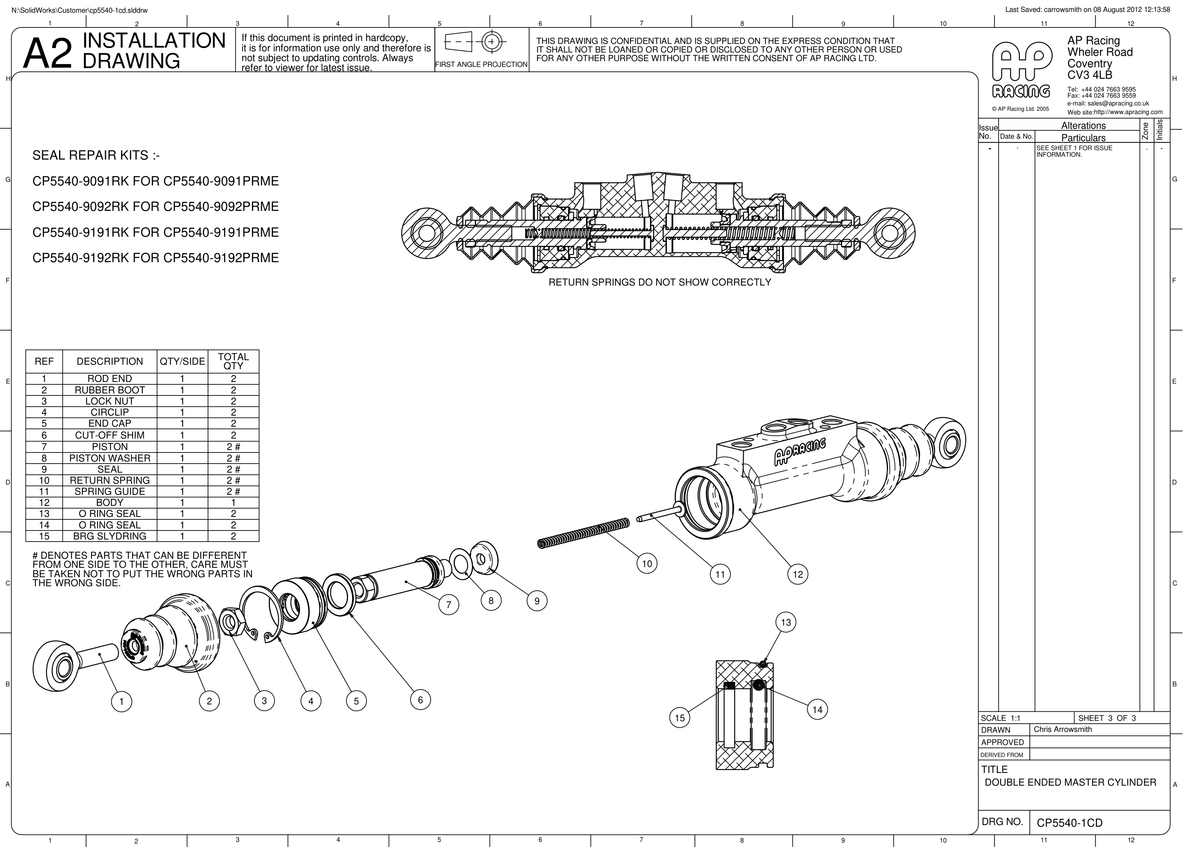 AP Racing CP5540 Double Ended Tandem Master Cylinder technical drawing