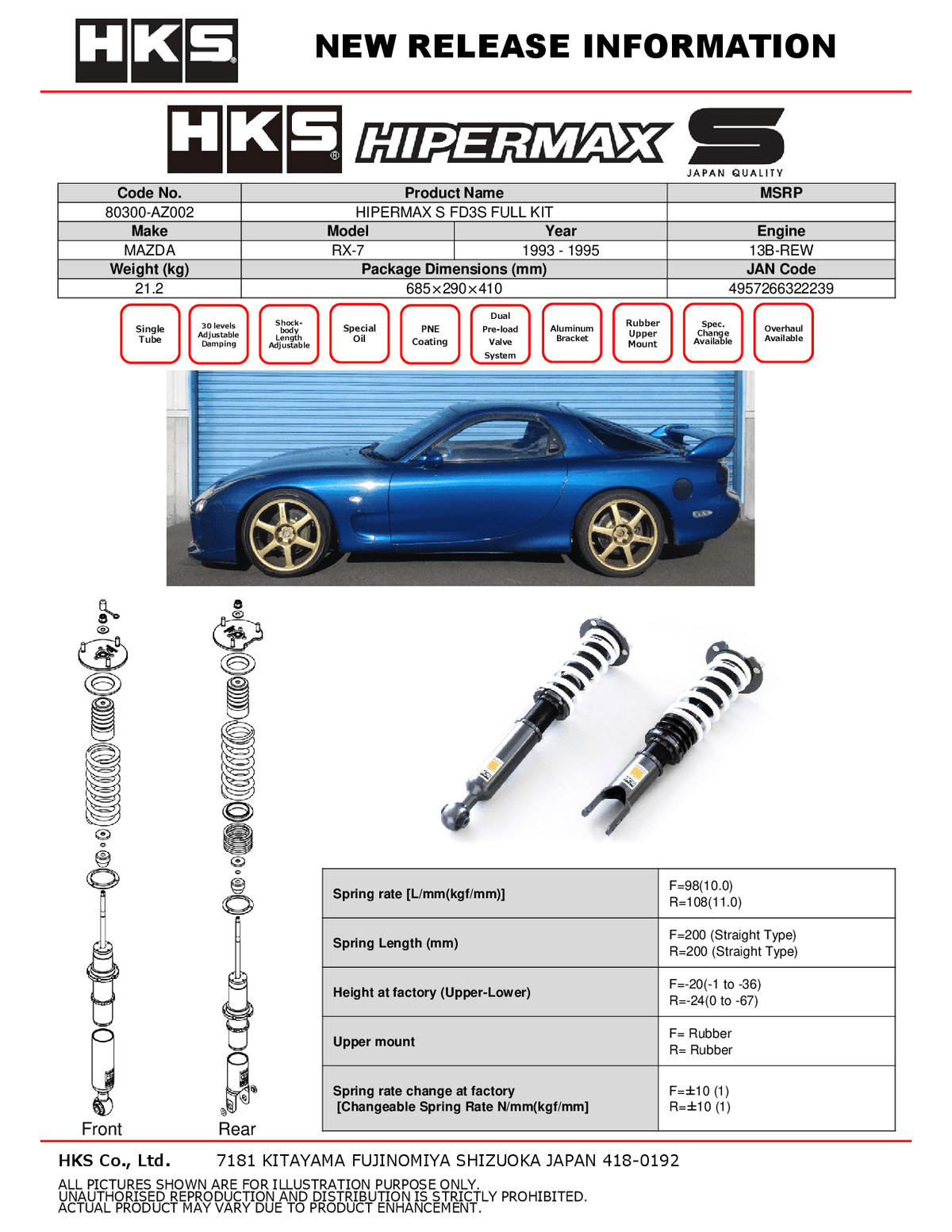 HKS HIPERMAX S Coilovers Mazda RX-7 (FD3S) 80300-AZ002 — manufacturer detail