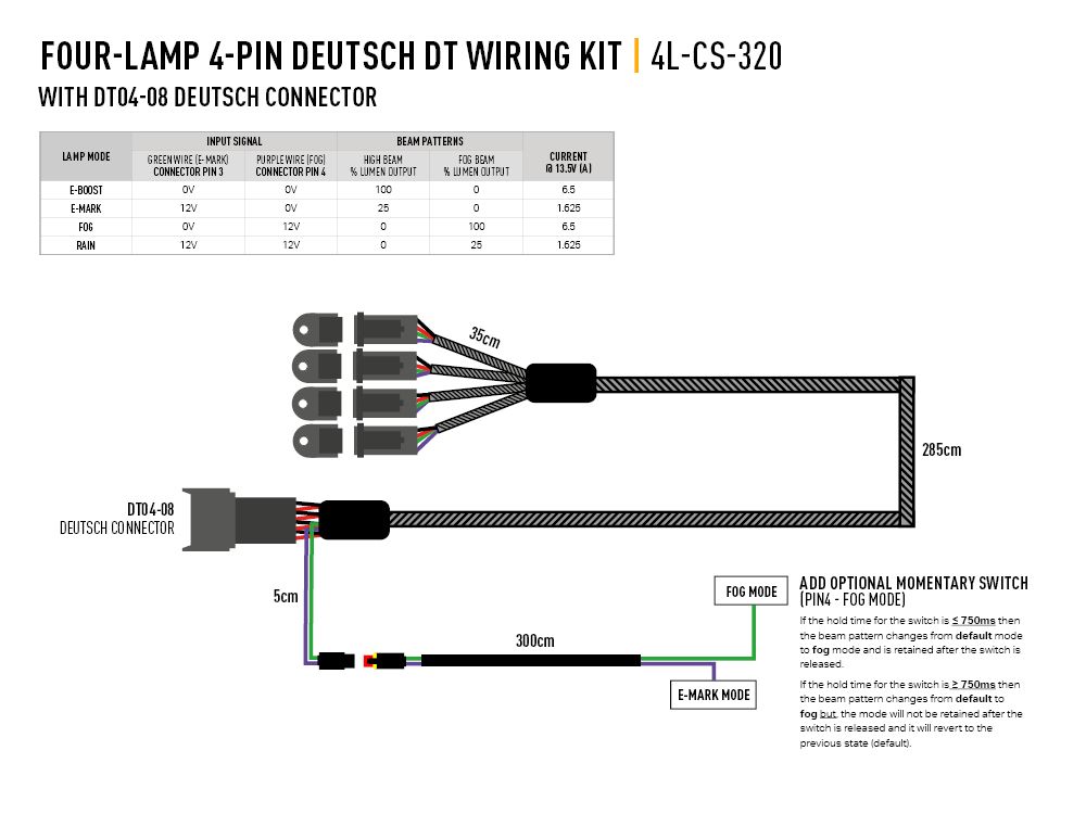 LAZER Four-Lamp Harness Kit  With DT04-08 Connector (4-PIN, Deutsch DT, 12V) For Carbon-6