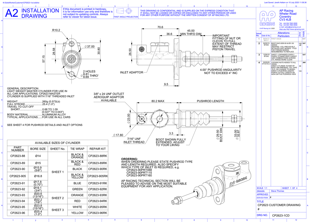 AP Racing CP2623 Master Cylinder technical drawing