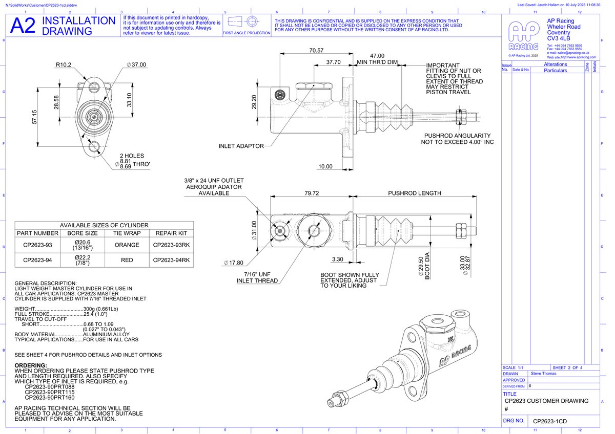AP Racing CP2623 Master Cylinder technical drawing