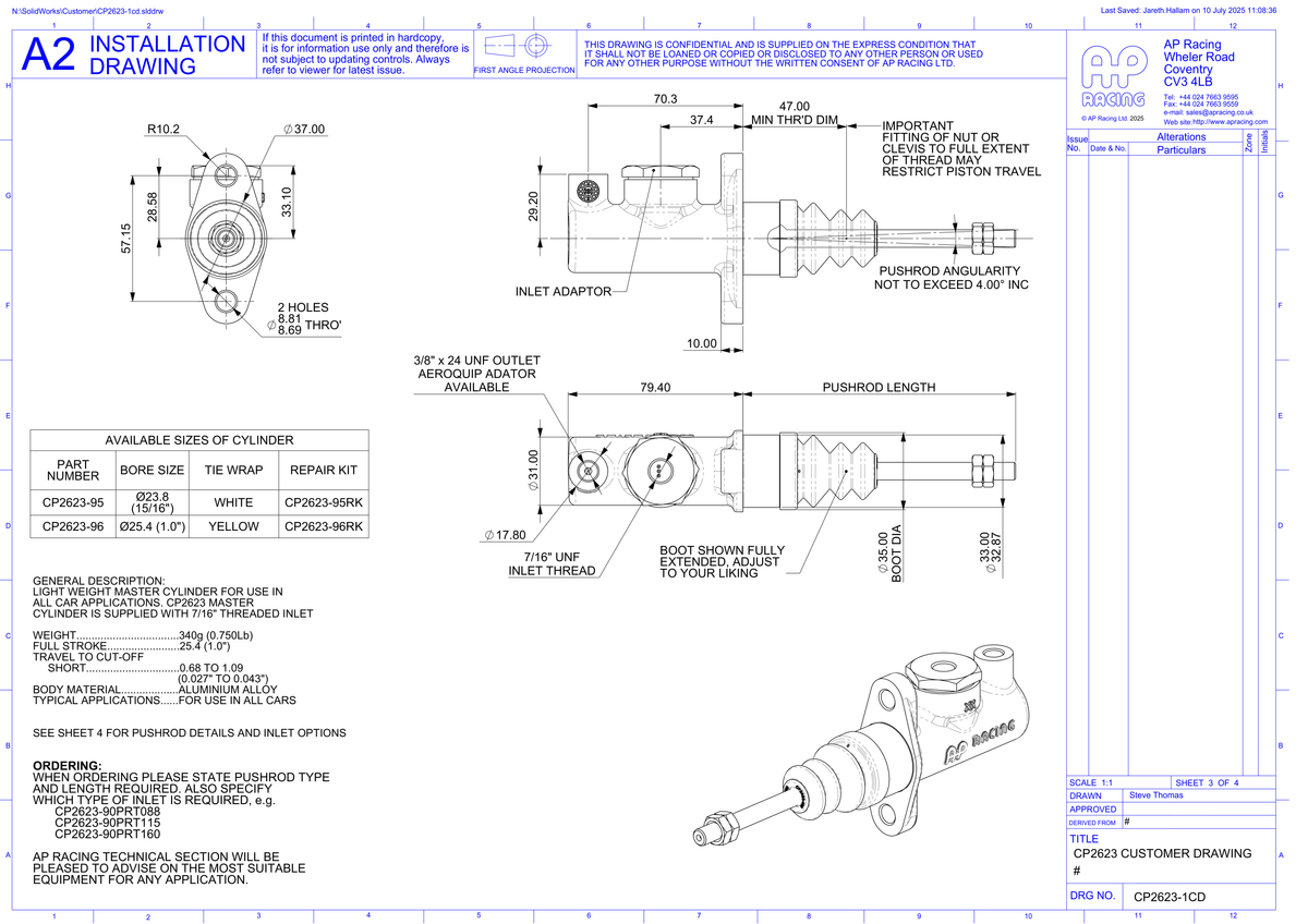 AP Racing CP2623 Master Cylinder technical drawing