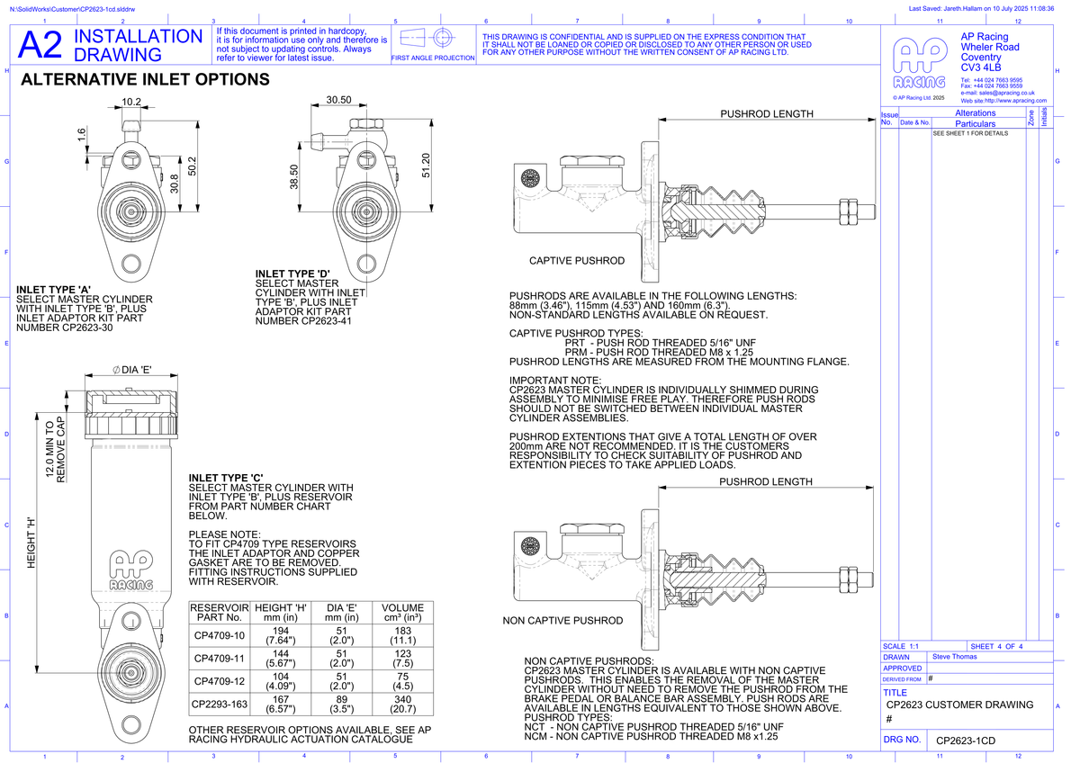AP Racing CP2623 Master Cylinder technical drawing