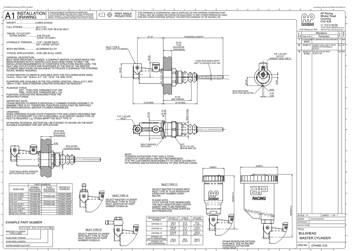 AP Racing CP4400 Bulkhead Mounted Master Cylinder technical drawing
