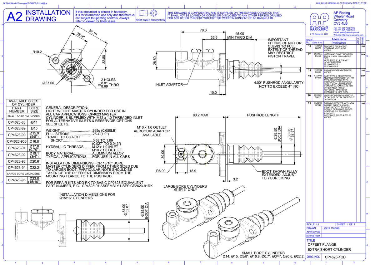 AP Racing CP4623 Master Cylinder technical drawing