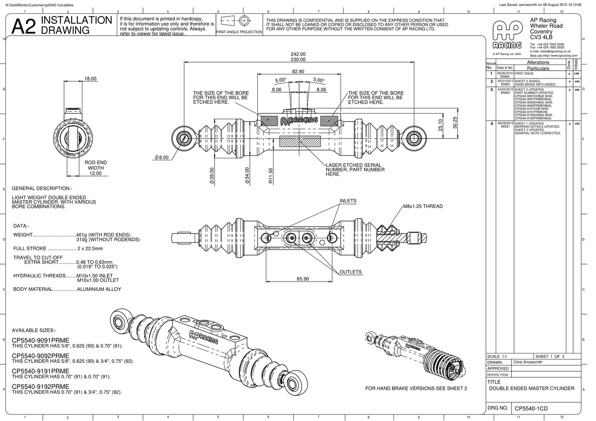 AP Racing CP5540 Double Ended Tandem Master Cylinder technical drawing
