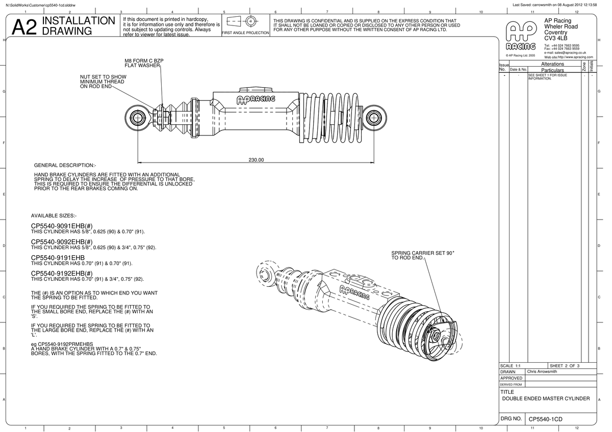 AP Racing CP5540 Double Ended Tandem Master Cylinder technical drawing