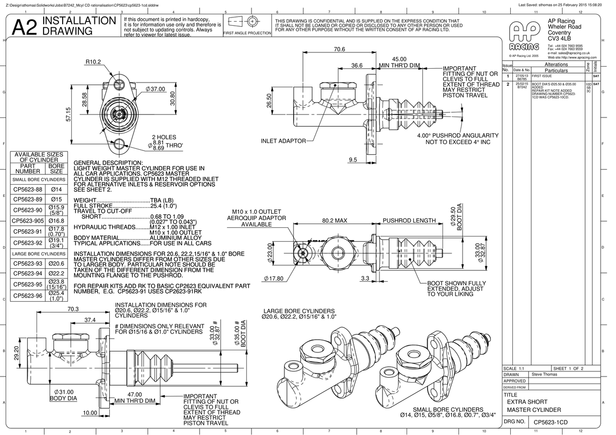 AP Racing CP5623 Master Cylinder technical drawing