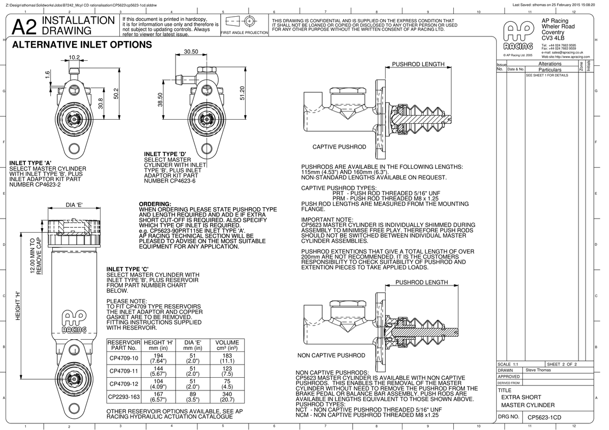 AP Racing CP5623 Master Cylinder technical drawing