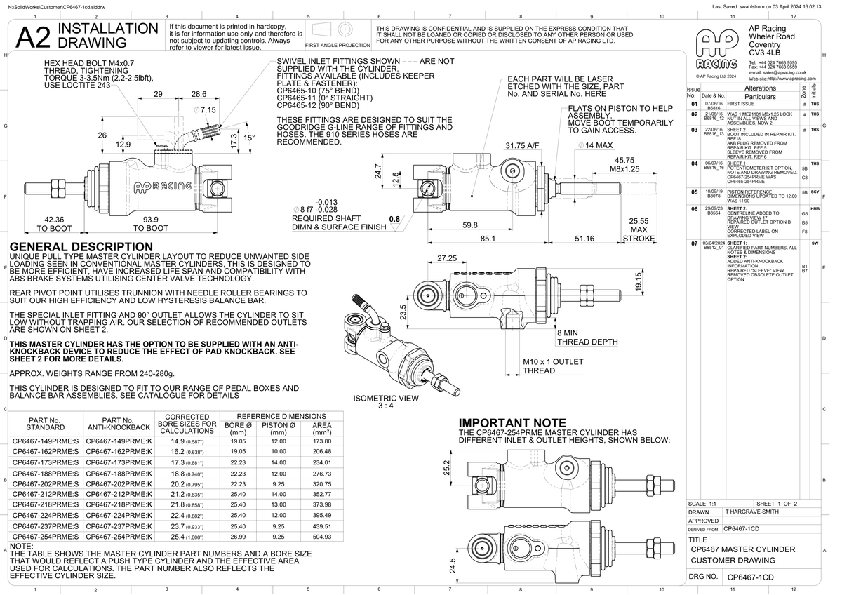 AP Racing CP6467 Centre Valve Pull Type Trunnion Master Cylinder technical drawing