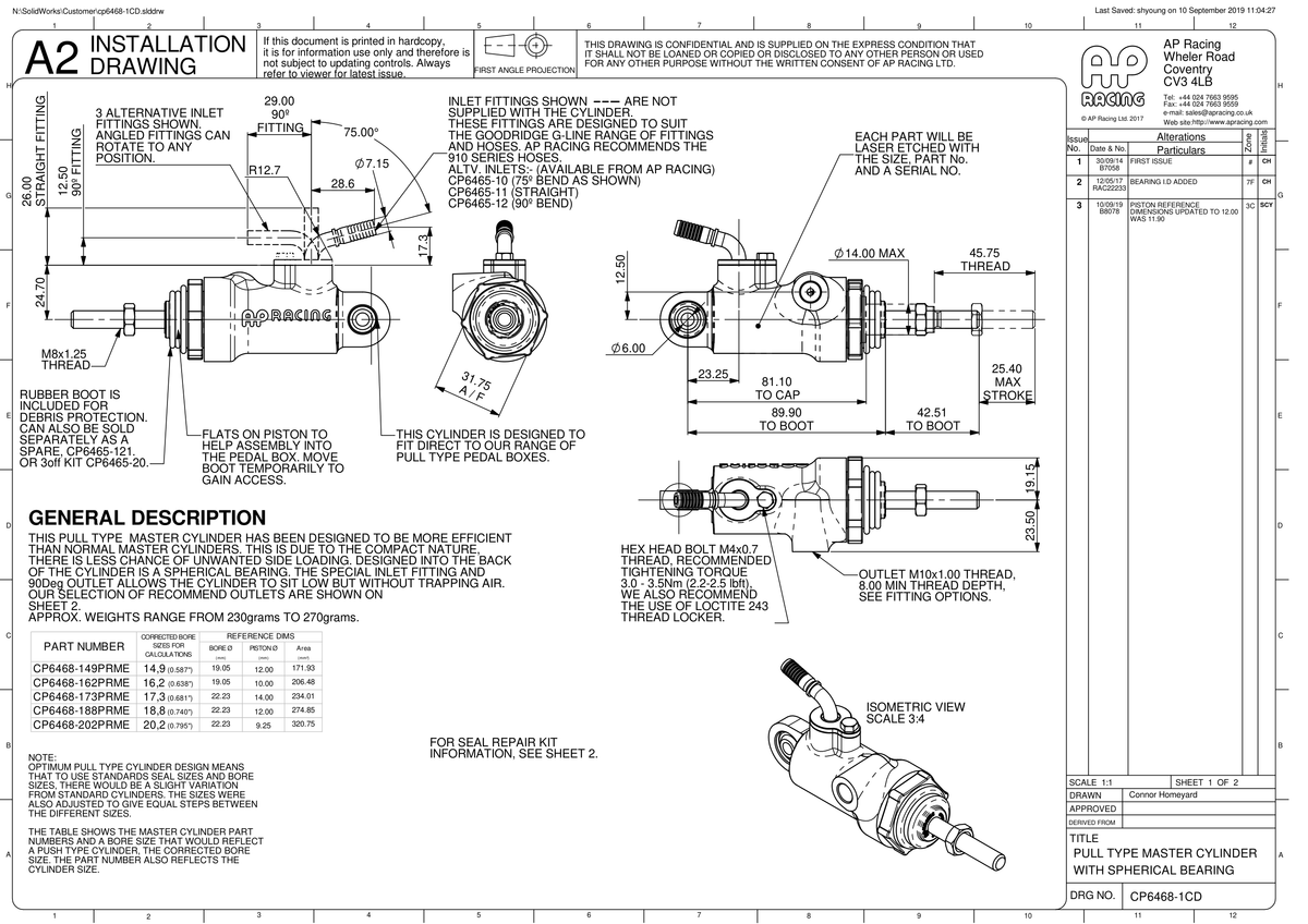 AP Racing CP6468 Bearing Mounted Pull Type Master Cylinder technical drawing