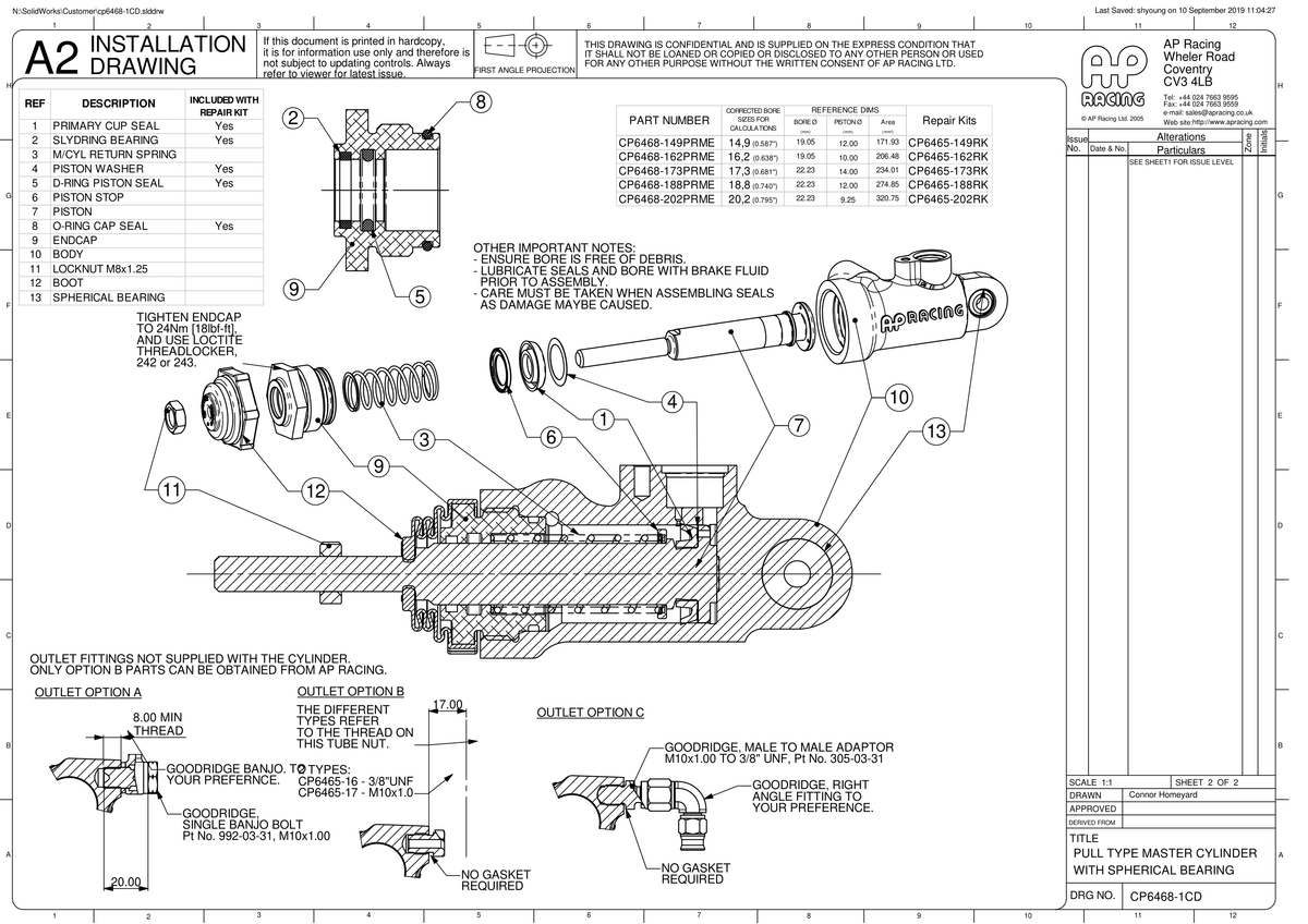 AP Racing CP6468 Bearing Mounted Pull Type Master Cylinder technical drawing