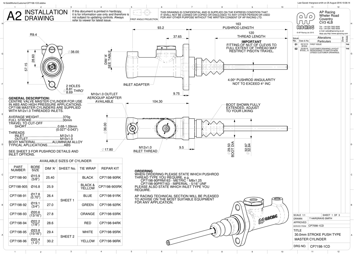 AP Racing CP7198 Centre Valve Push Type Master Cylinder technical drawing