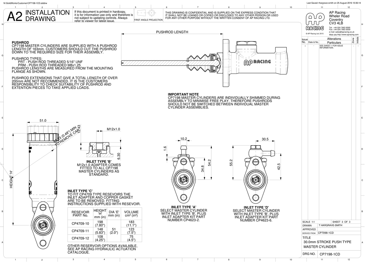 AP Racing CP7198 Centre Valve Push Type Master Cylinder technical drawing
