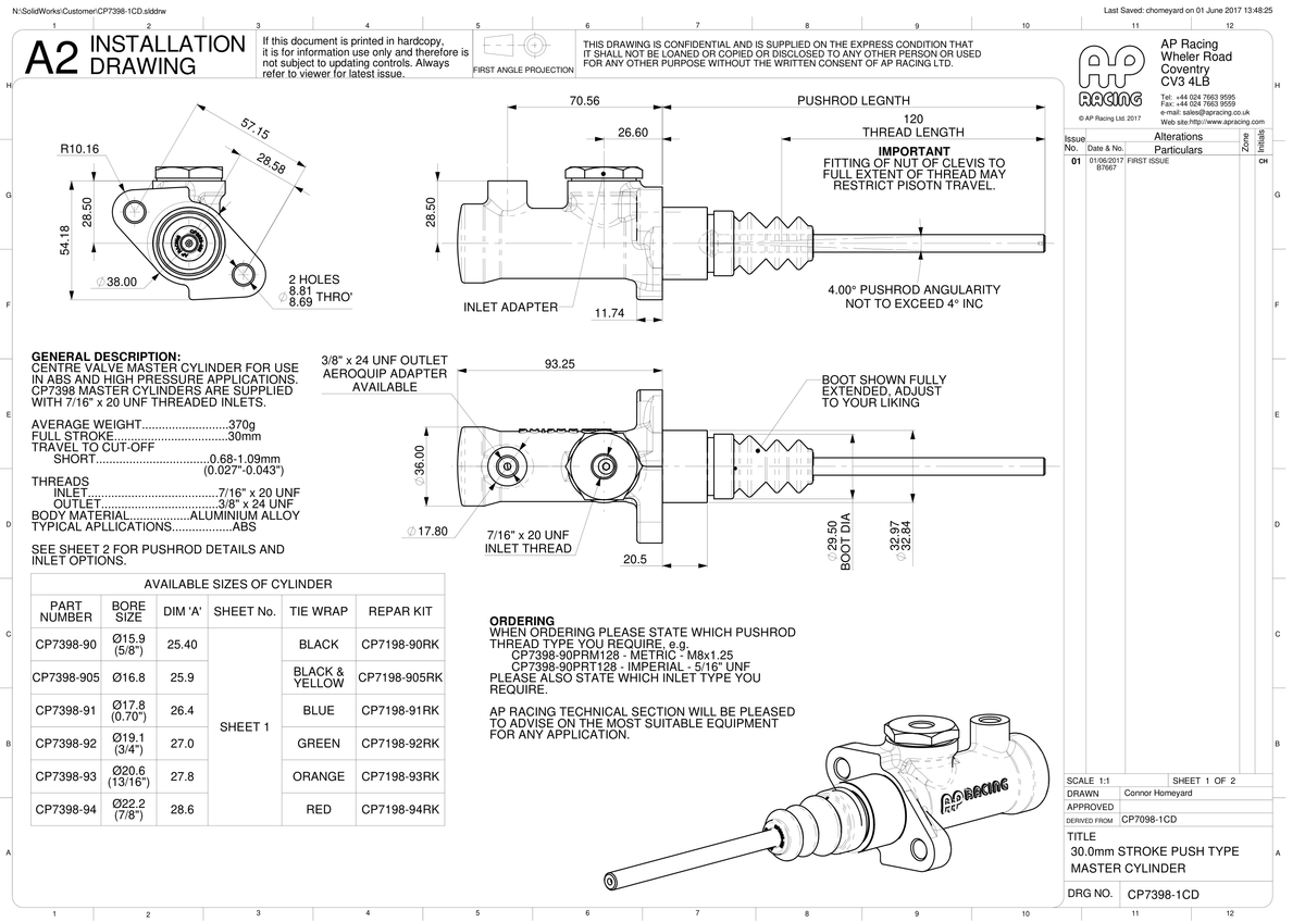 AP Racing CP7398 60° Offset Centre Valve Master Cylinder technical drawing