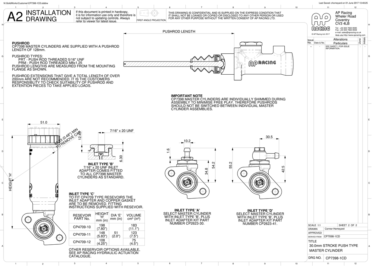 AP Racing CP7398 60° Offset Centre Valve Master Cylinder technical drawing