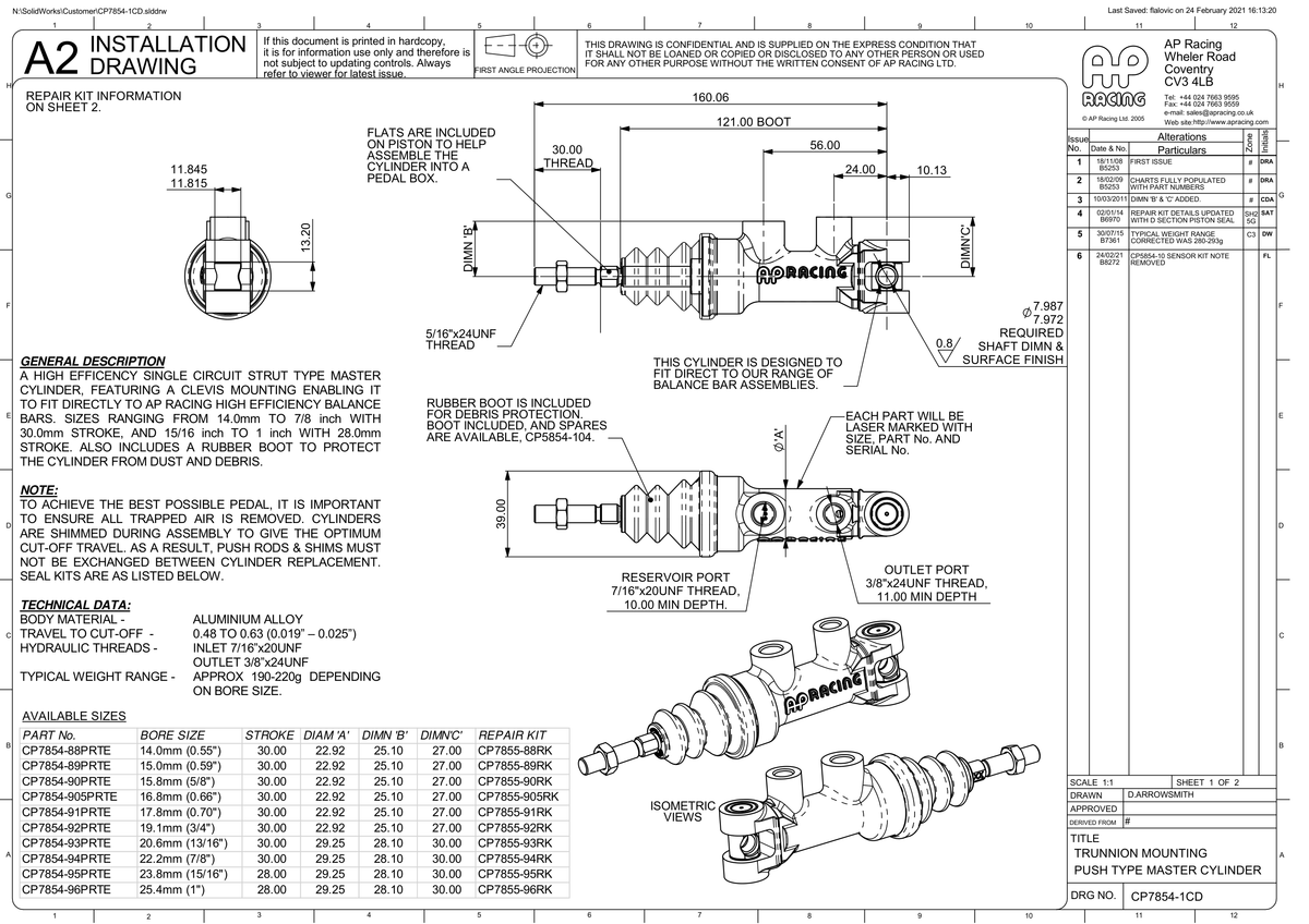 AP Racing CP7854 Push Type Trunnion Master Cylinder technical drawing