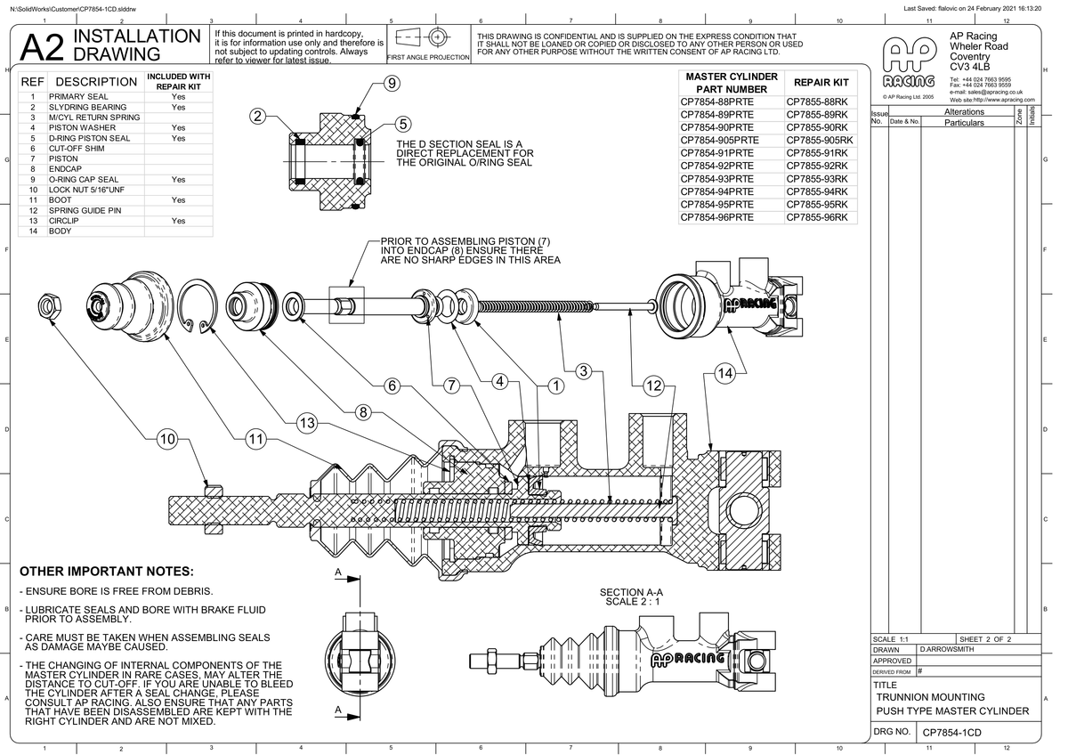 AP Racing CP7854 Push Type Trunnion Master Cylinder technical drawing