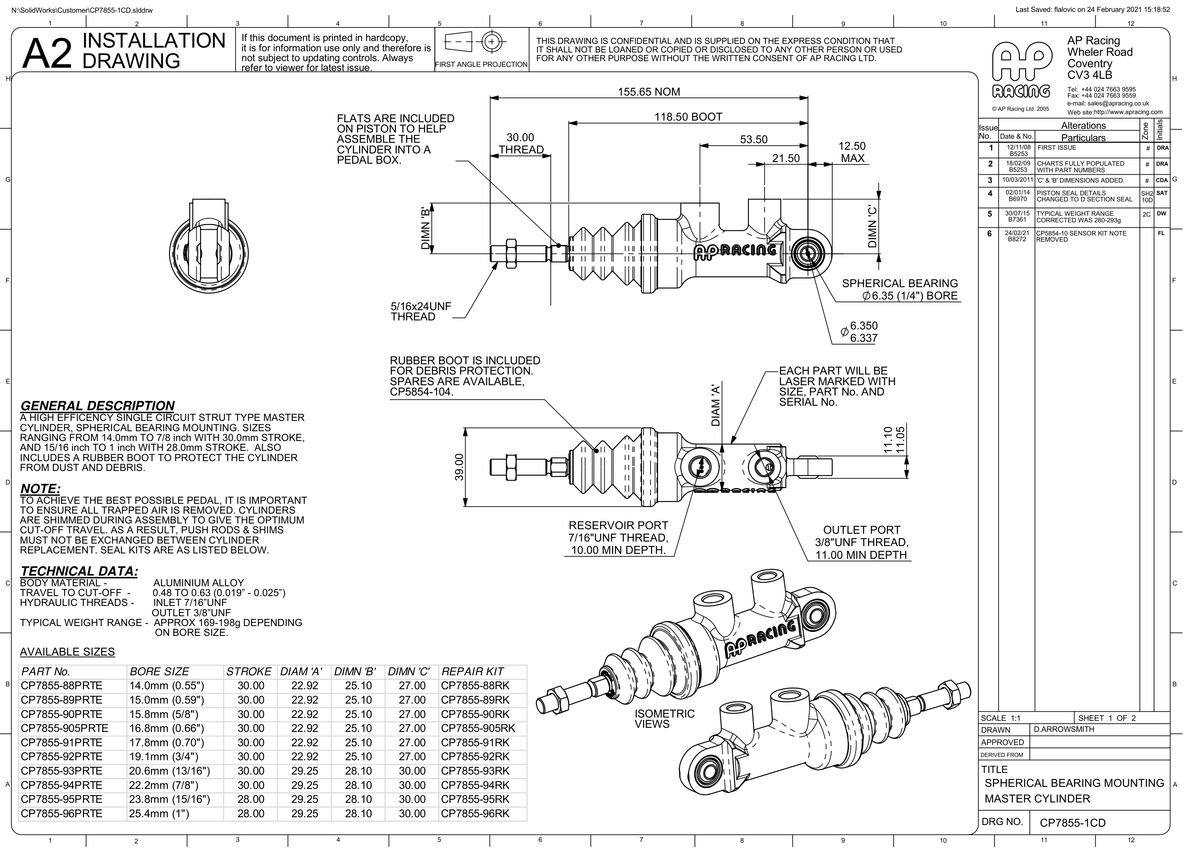 AP Racing CP7855 Bearing Mounted Master Cylinder technical drawing