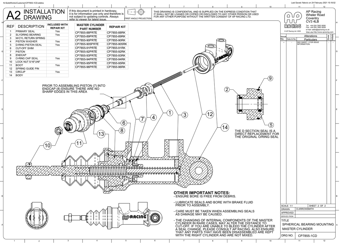 AP Racing CP7855 Bearing Mounted Master Cylinder technical drawing