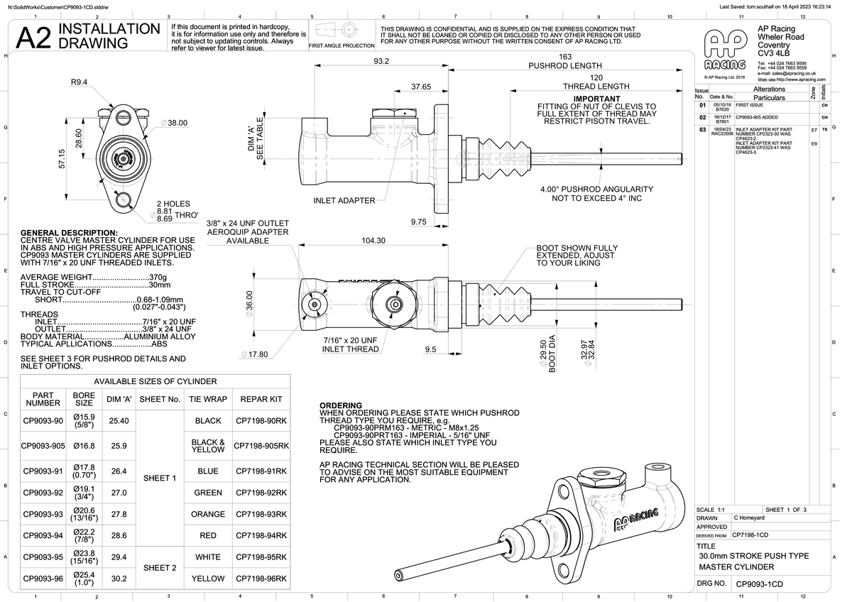 AP Racing CP9093 Centre Valve Master Cylinder technical drawing