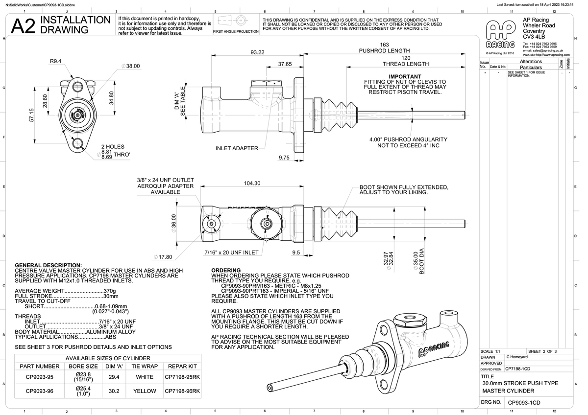 AP Racing CP9093 Centre Valve Master Cylinder technical drawing