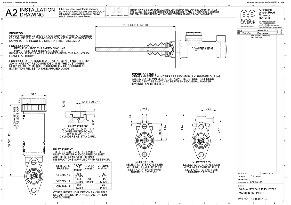 AP Racing CP9093 Centre Valve Master Cylinder technical drawing