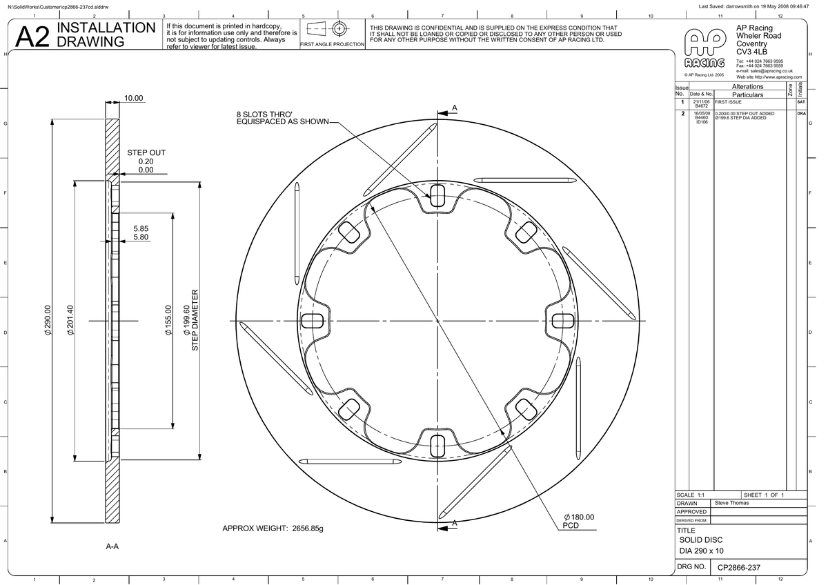 AP Racing Solid Brake Disc 290x10mm (CP2866-237) technical drawing