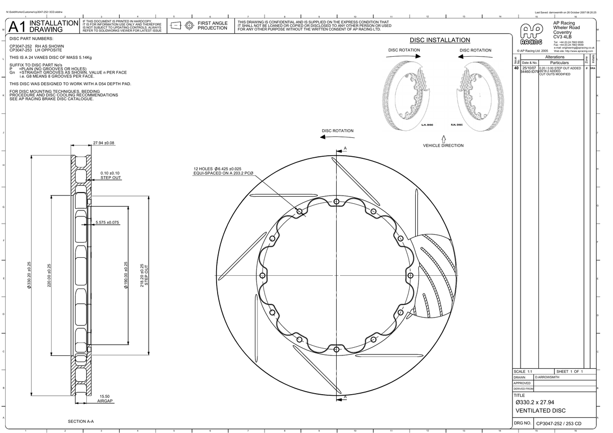 AP Racing Ventilated Brake Disc 330x28mm (CP3047-252/253) technical drawing