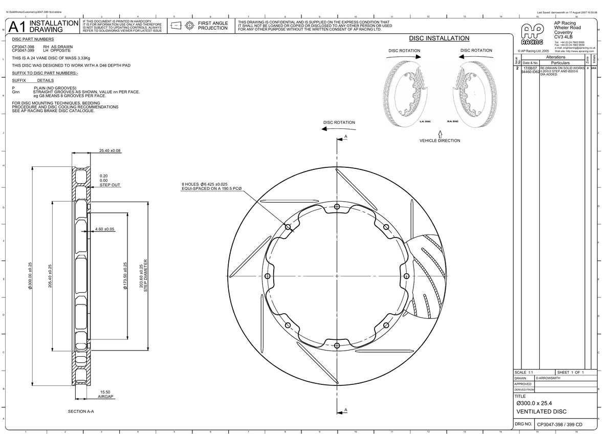 AP Racing Ventilated Brake Disc 300x25.4mm (CP3047-398/399) technical drawing