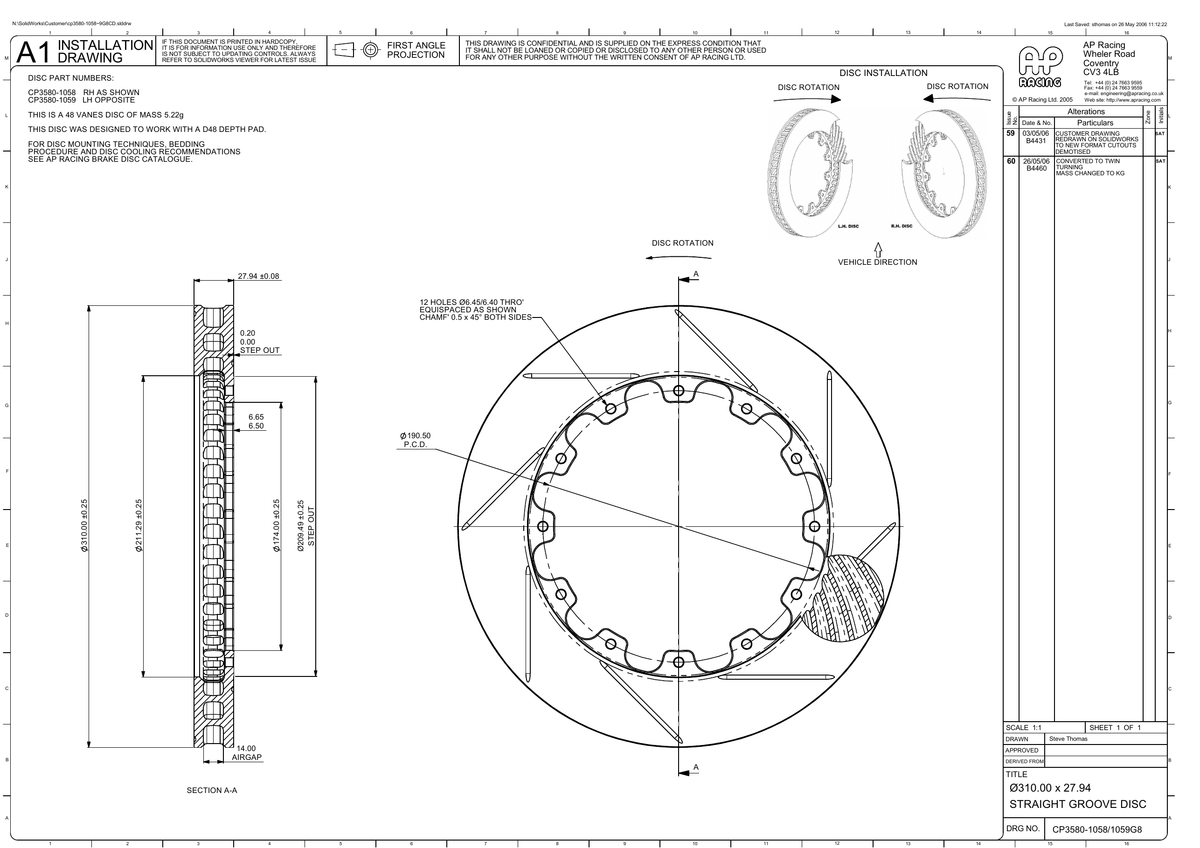 AP Racing Ventilated Brake Disc 310x28mm (CP3580-1058/1059) technical drawing