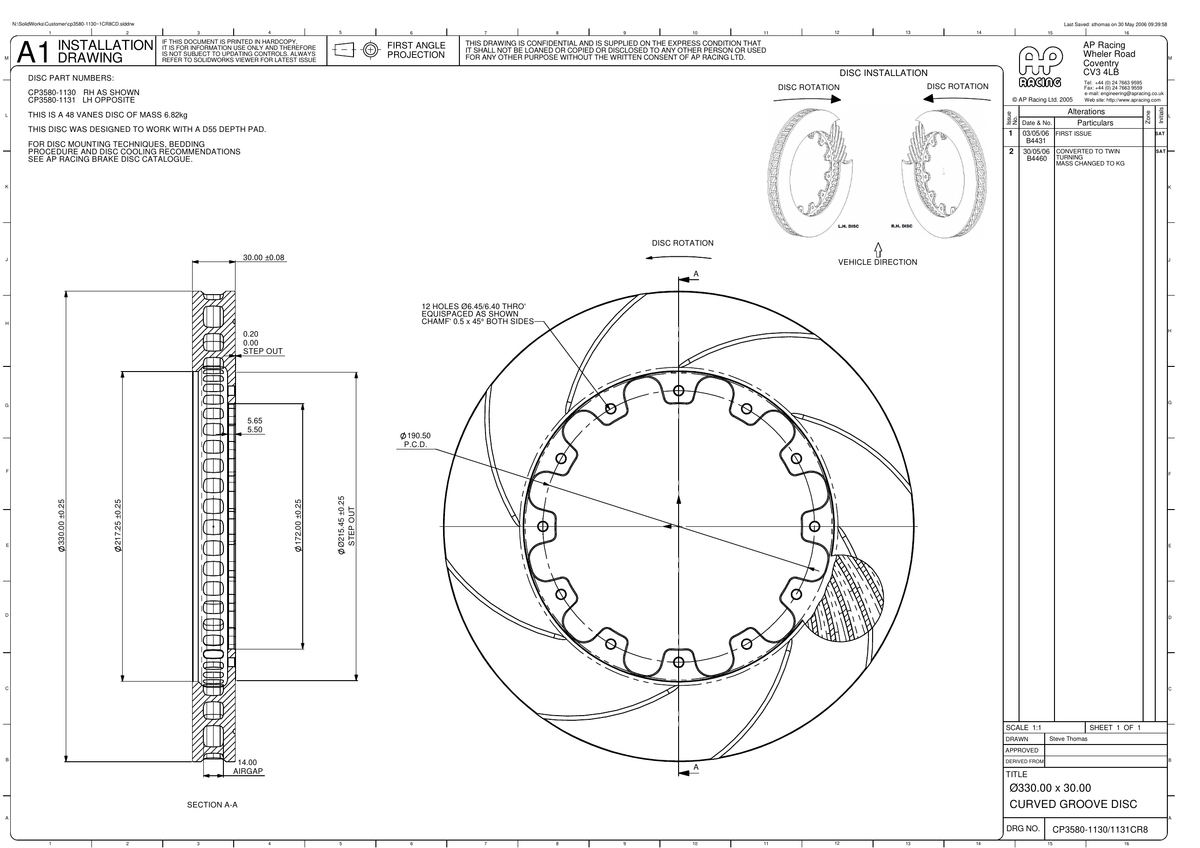 AP Racing Ventilated Brake Disc 330x30mm (CP3580-1130/1131) technical drawing