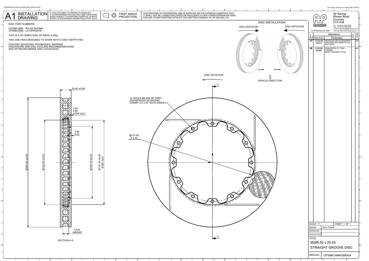 AP Racing Ventilated Brake Disc 295x25.4mm (CP3580-2894/2895) technical drawing