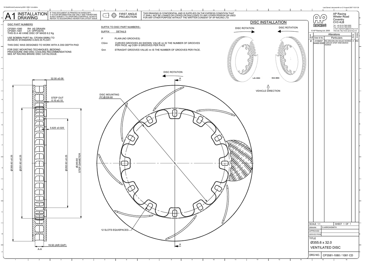 AP Racing Ventilated Brake Disc 356x32mm (CP3581-1080/1) technical drawing