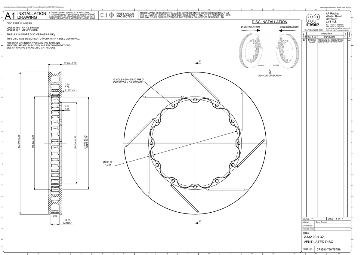 AP Racing Ventilated Brake Disc 332x32mm (CP3581-766/767) technical drawing