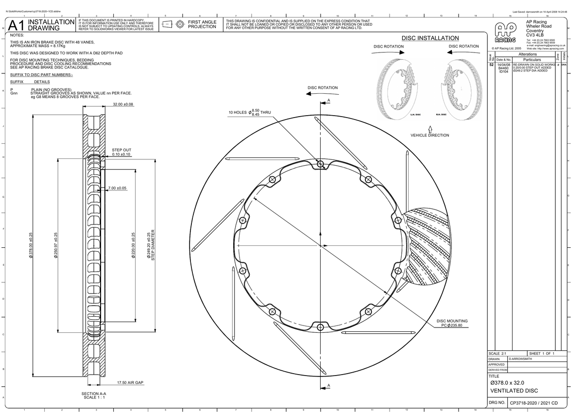 AP Racing Ventilated Brake Disc 378x32mm (CP3718-2020/2021) technical drawing