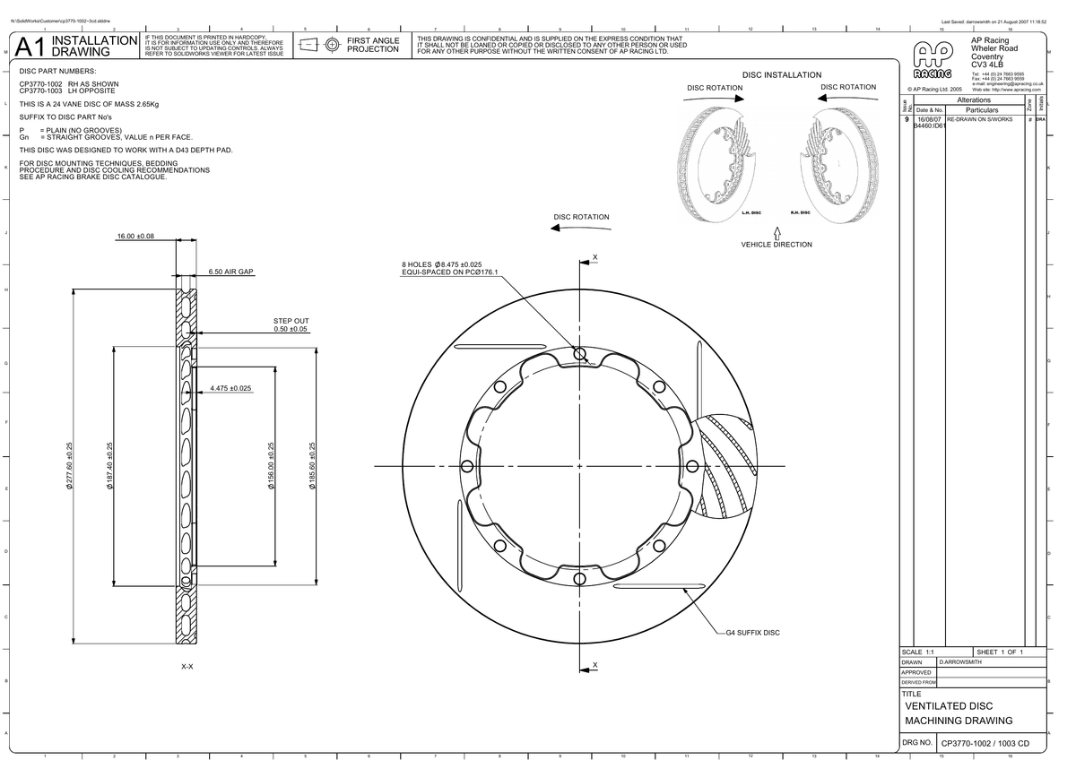 AP Racing Ventilated Brake Disc 278x16mm (CP3770-1002/1003) technical drawing