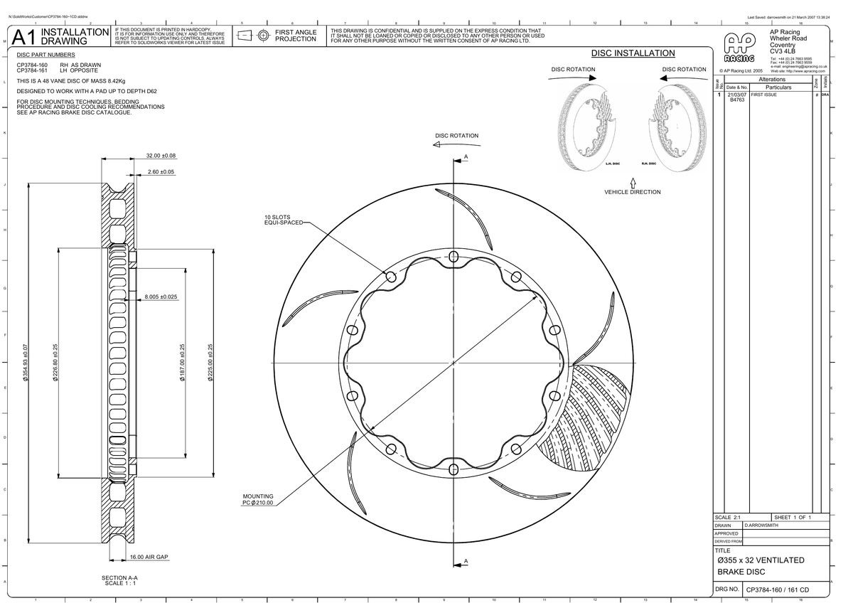 AP Racing Ventilated Brake Disc 355x32mm (CP3784-160/161) technical drawing