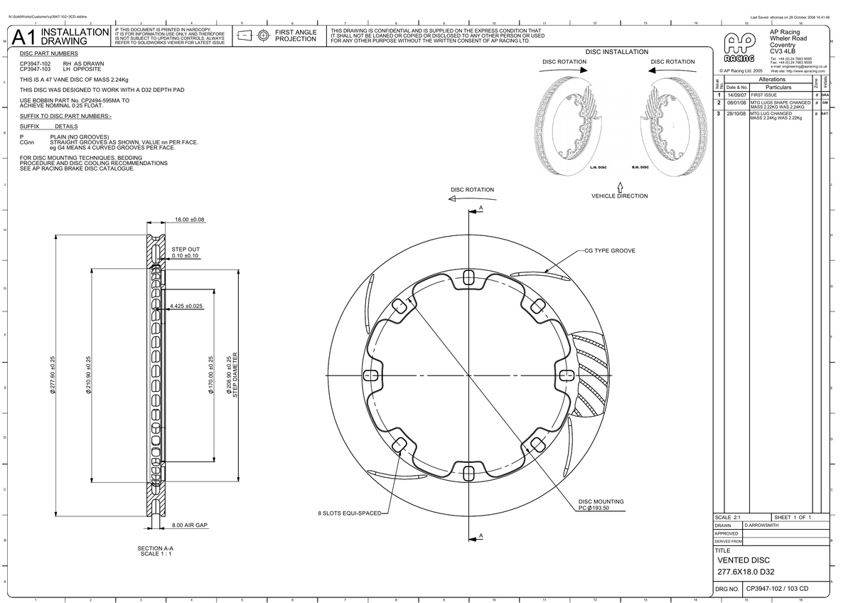AP Racing Ventilated Brake Disc 278x18mm (CP3947-102/103) technical drawing
