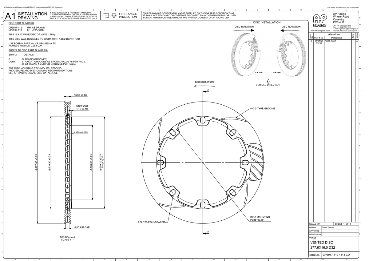 AP Racing Ventilated Brake Disc 278x16mm (CP3947-112/113) technical drawing