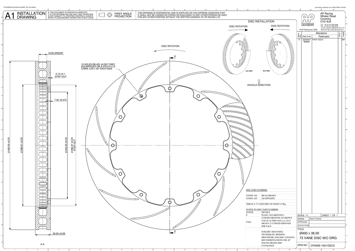 AP Racing Ventilated Brake Disc 400x36mm (CP4095-104/105) technical drawing