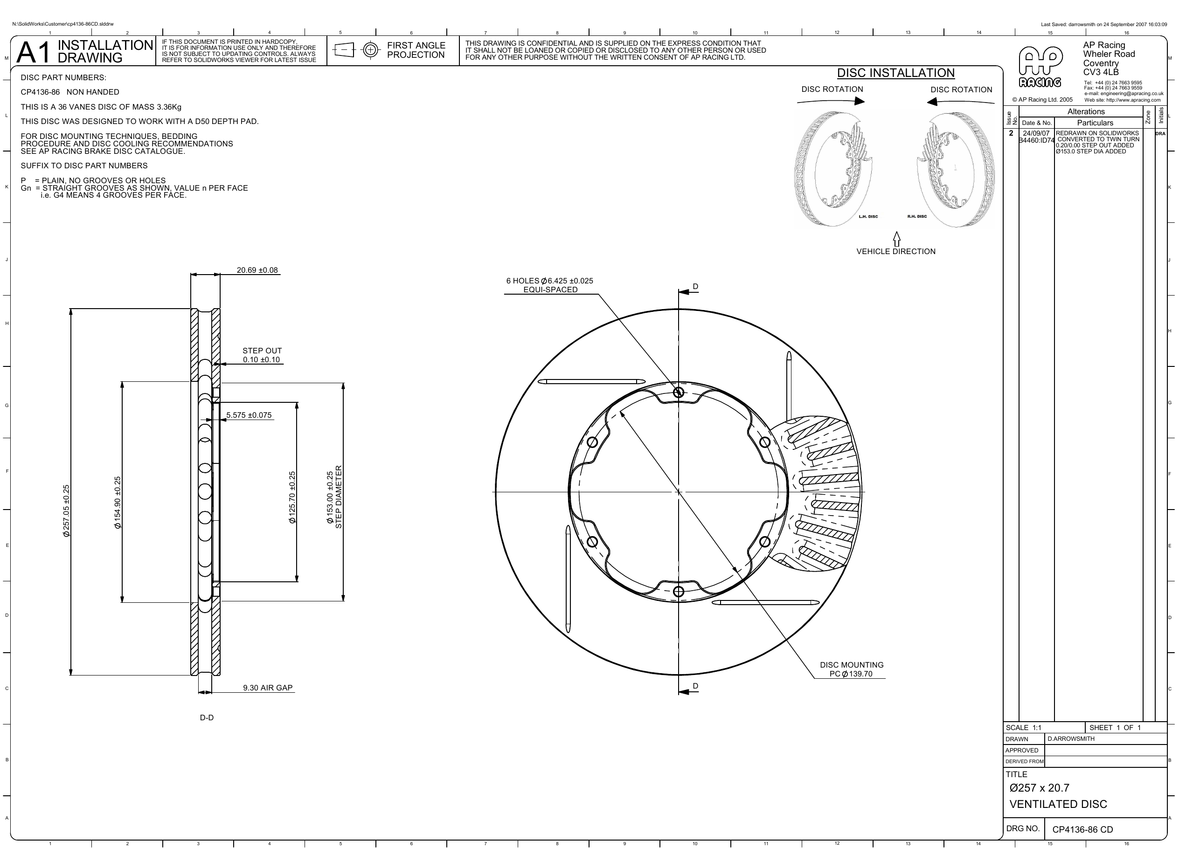 AP Racing Ventilated Brake Disc 257x21mm (CP4136-86) technical drawing