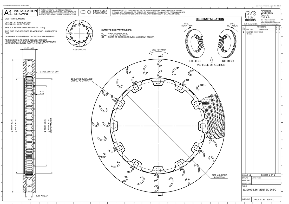 AP Racing Ventilated Brake Disc 380x36mm (CP4284-134/135) technical drawing