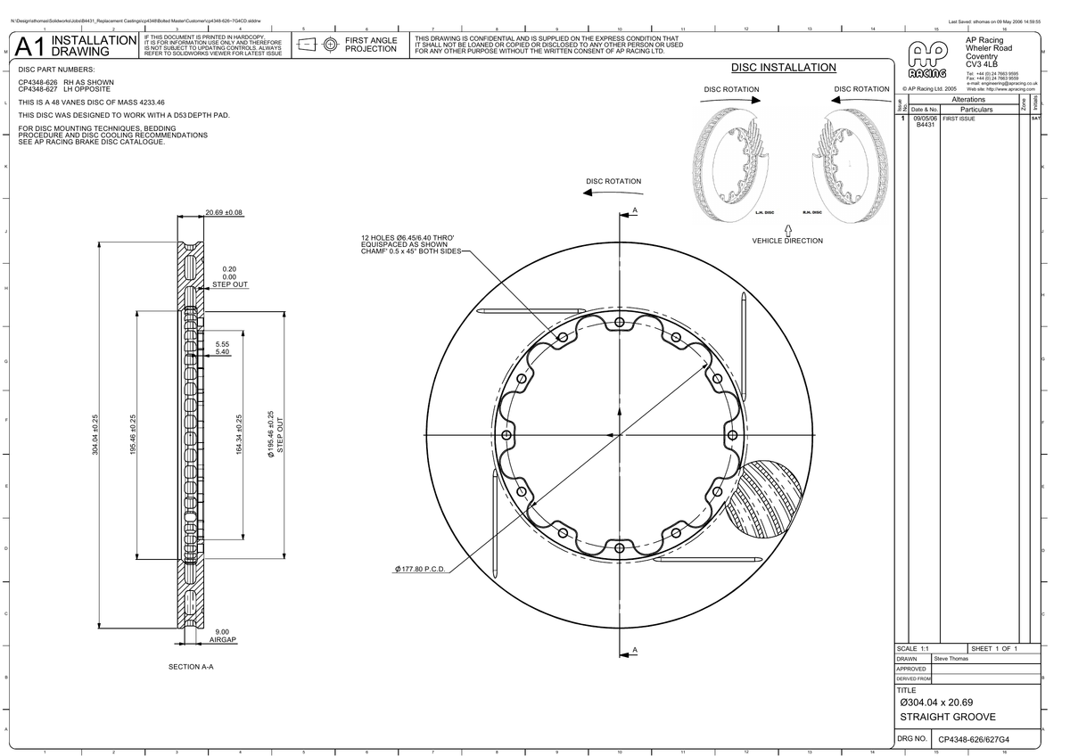AP Racing Ventilated Brake Disc 304x20.7mm (CP4348-626/627) technical drawing