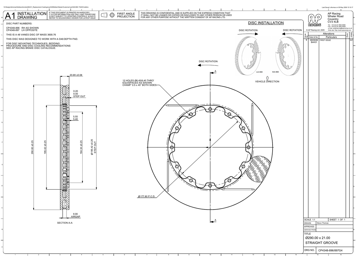 AP Racing Ventilated Brake Disc 290x20.7mm (CP4348-896/897) technical drawing