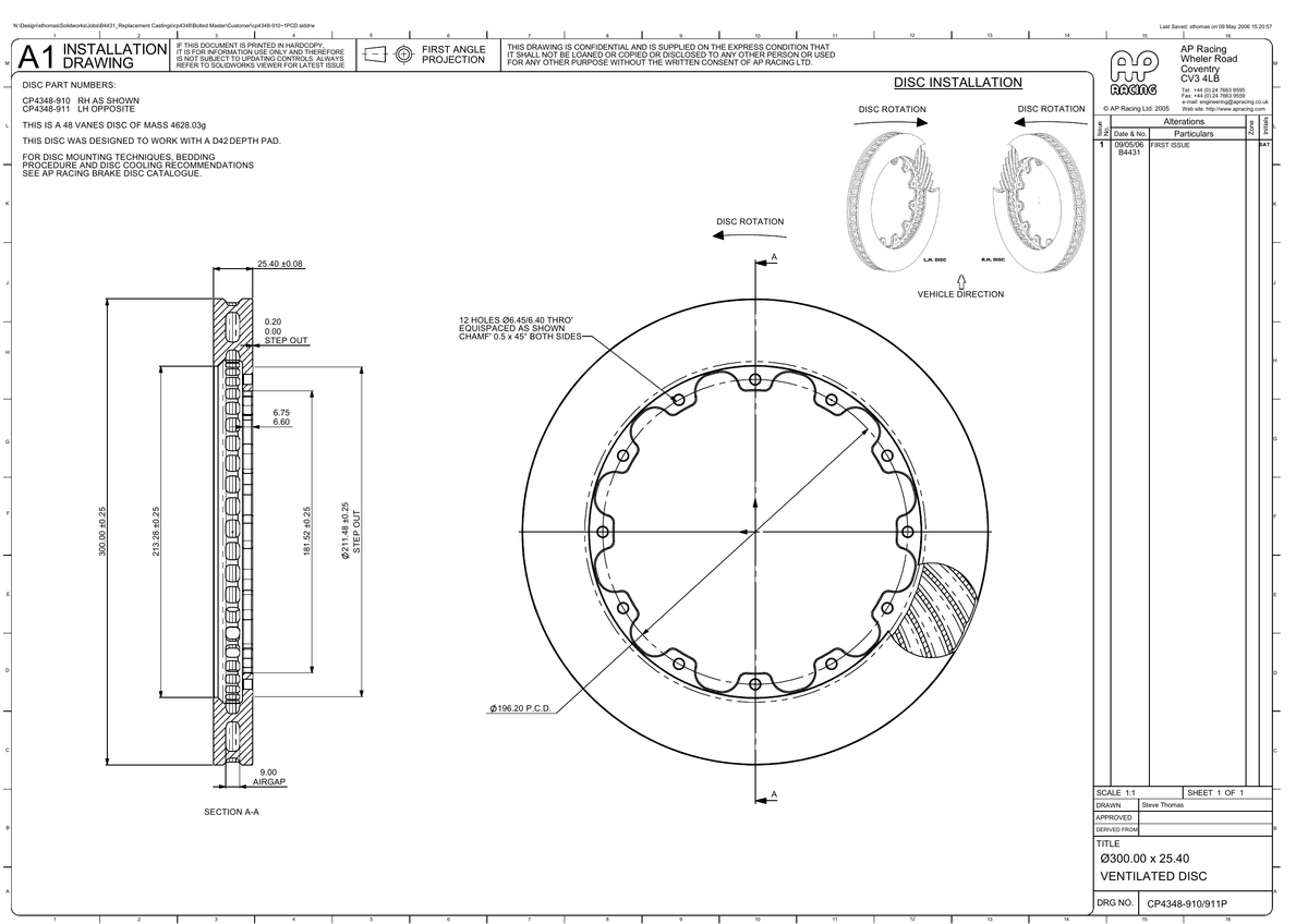AP Racing Ventilated Brake Disc 300x25.4mm (CP4348-910/911) technical drawing