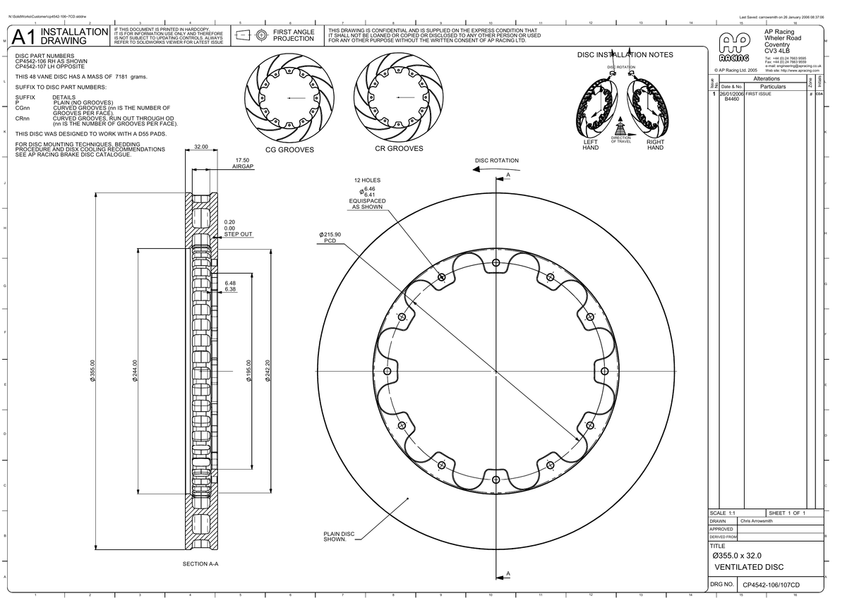 AP Racing Ventilated Brake Disc 355x32mm (CP4542-106/107) technical drawing