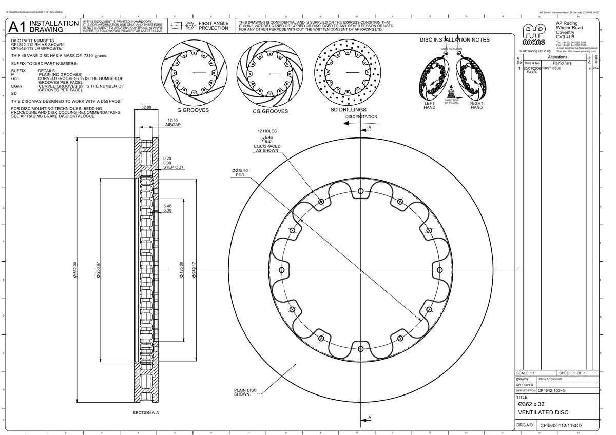 AP Racing Ventilated Brake Disc 362x32mm (CP4542-112/113) technical drawing